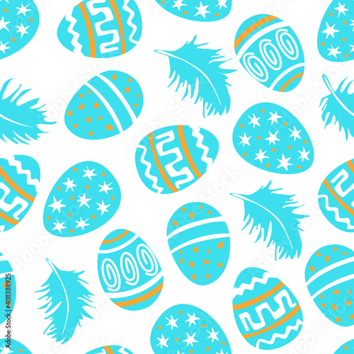 Easter Seamless Pattern with Gold and turquoise colored Easter eggs and feathers. Vector flat design illustration in doodle style for invitations, prints, wrapping paper, etc. for Happy Easter.