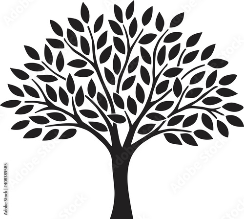 Simple abstract tree with leaves black silhouette illustration isolated on white background