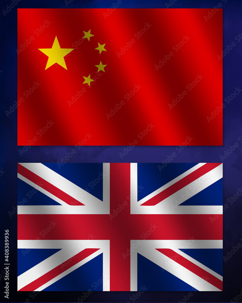 The red Chinese flag and the United Kingdom Union Jack flag on a blue background