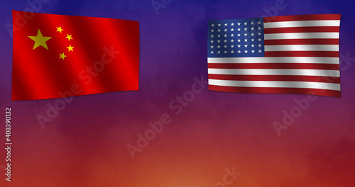 Obraz na płótnie The red Chinese flag and the American Stars and Stripes flag on a red and blue background w salonie