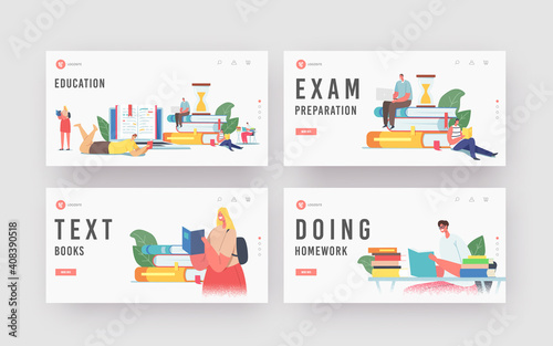 Students Prepare for Examination, Get Knowledge Landing Page Template Set. Tiny Characters Reading on Huge Books Pile