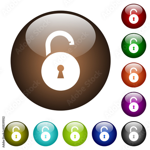 Unlocked round padlock with keyhole color glass buttons