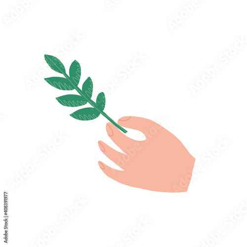 Hand-drawn organic symbol, clean, healthy eating icon. A person's hand holds a green plant branch, leaf.