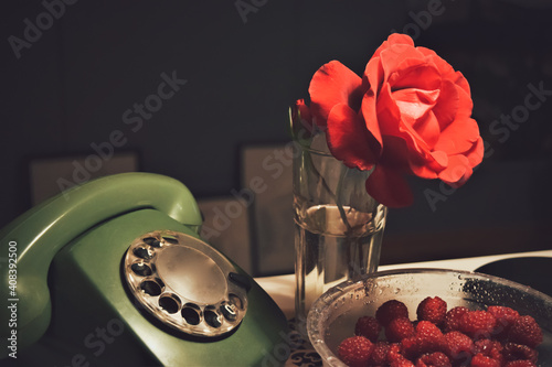 Rose is red. Telephone is retro. Raspberry are sweet. Call for love, Valentine day. 