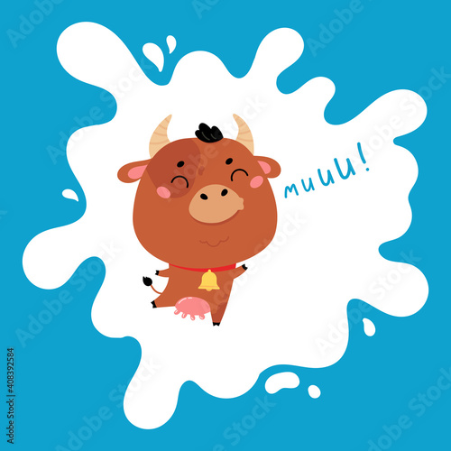 Cute cartoon farm milk animal character on blue background. Vector funny mascot. Vector Illustration of farm cow for printing on products and packaging containing milk. 