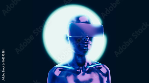 Artificial human or robot in VR glasses with neon halo above the head. 3D render illustration in retrofuturistic sci-fi style.