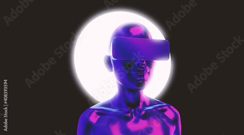 Artificial human or robot in VR glasses with neon halo above the head. 3D render illustration in retrofuturistic sci-fi style.
