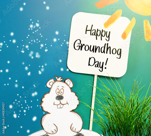 Happy Groundhog Day Card with prediction on early spring and 6 more weeks winter photo