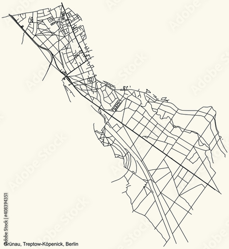 Black simple detailed city street roads map plan on vintage beige background of the neighbourhood Grünau locality of the Treptow-Köpenick of borough of Berlin, Germany
