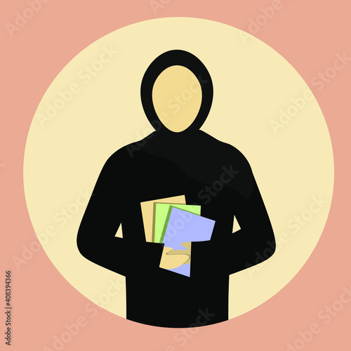 Arabic faceless model from UAE or Saudi Arabia, muslim woman or girl in fashion hijab and abaya holding books or journal. Educational process or training icon for arab people