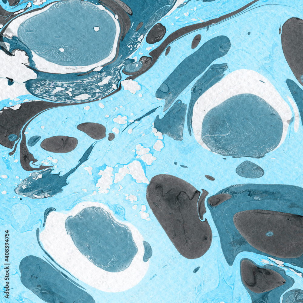 Obraz premium Blue marble ink texture on watercolor paper background. Marble stone image. Bath bomb effect. Psychedelic biomorphic art.