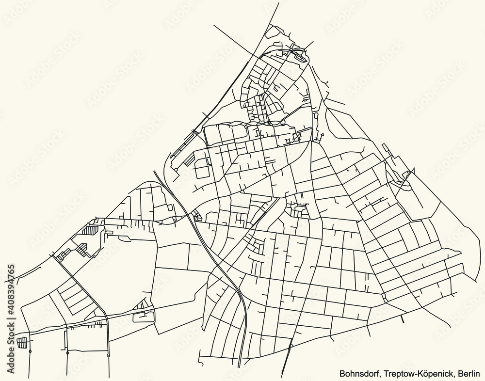 Black simple detailed city street roads map plan on vintage beige background of the neighbourhood Bohnsdorf locality of the Treptow-Köpenick of borough of Berlin, Germany