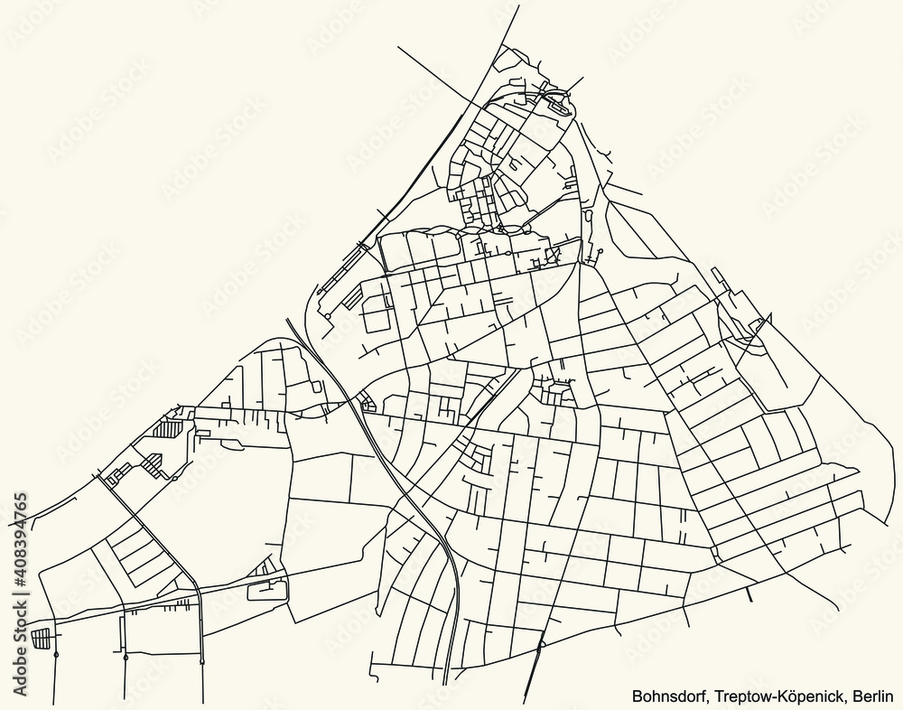 Black simple detailed city street roads map plan on vintage beige background of the neighbourhood Bohnsdorf locality of the Treptow-Köpenick of borough of Berlin, Germany Black simple detailed city street roads map plan on vintage beige background of the neighbourhood Bohnsdorf locality of the Treptow-Köpenick of borough of Berlin, Germany