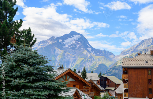 View on ski station Les deux Alpes and Alpine mountains peaks in summer, Isere, France photo