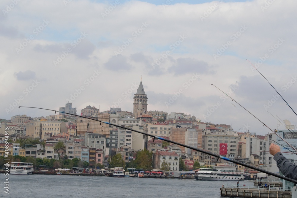 View from the Galata bridge to Galata Tower built by Venazians