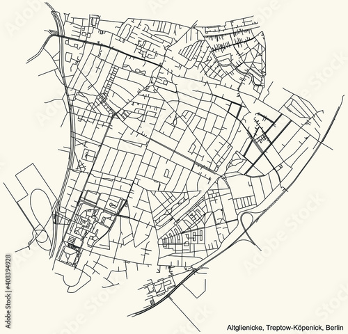 Black simple detailed city street roads map plan on vintage beige background of the neighbourhood Altglienicke locality of the Treptow-Köpenick of borough of Berlin, Germany photo