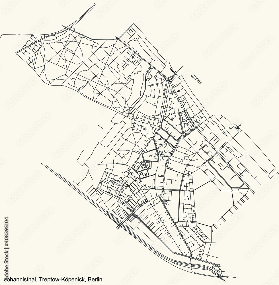 Black simple detailed city street roads map plan on vintage beige background of the neighbourhood Johannisthal locality of the Treptow-Köpenick of borough of Berlin, Germany