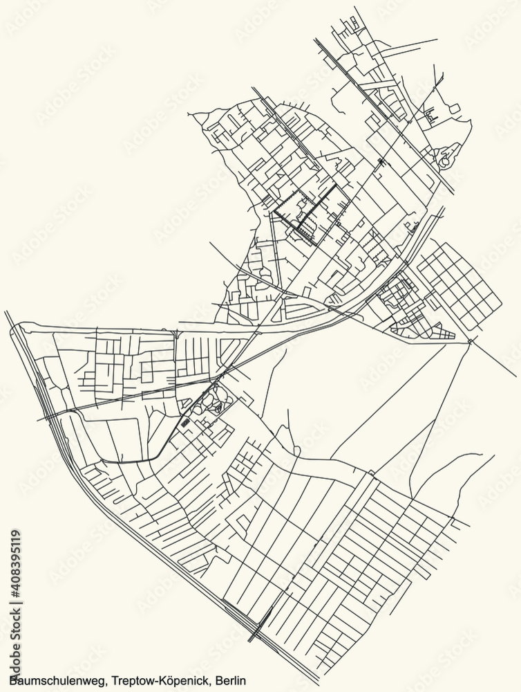 Black simple detailed city street roads map plan on vintage beige background of the neighbourhood Baumschulenweg locality of the Treptow-Köpenick of borough of Berlin, Germany