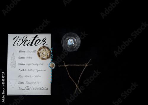 Obraz na płótnie Water invocation ritual ingredients, written on scroll