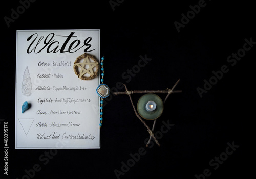 Obraz na płótnie Water invocation ritual ingredients, written on scroll