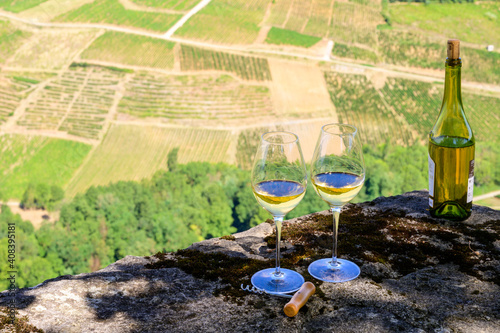 Tasting of white or jaune Jura wine on vineyards near Chateau-Chalon village in Jura region, France photo