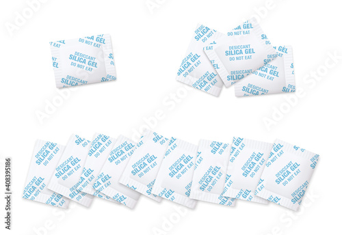 Silica gel sachets. Desiccant selicagel in white paper packets. Chemical substance, industrial tool to avoid humidity, condensation, moisture. Isolated vector illustration on white background.
