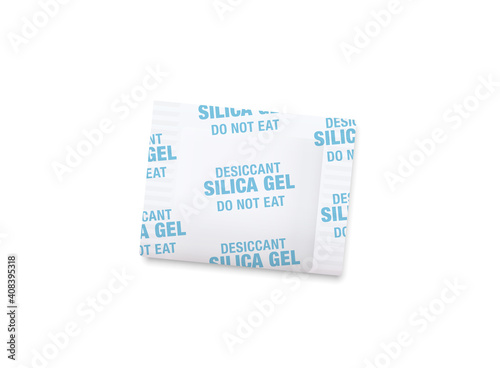 Silica gel sachet. Single desiccant selicagel in a white paper packet, do not eat. Chemical substance, industrial tool to avoid humidity, condensation, moisture. Isolated vector illustration on white.