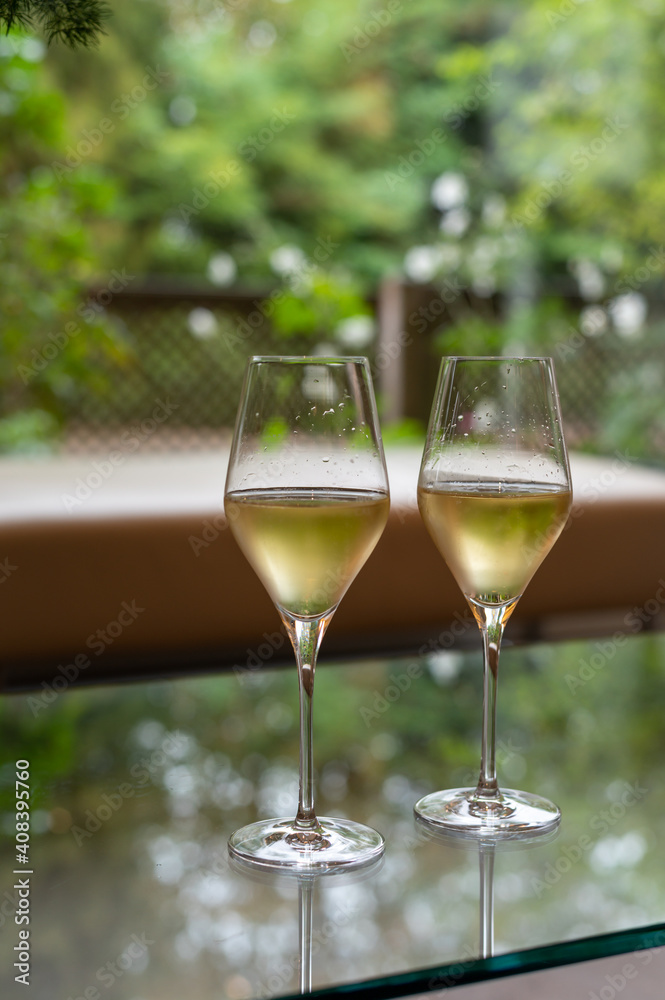 Tasting of french sparkling white wine with bubbles champagne on outdoor terrace in France