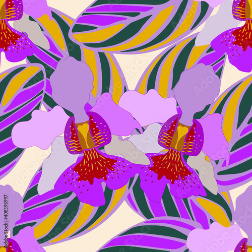 Seamless pattern of striped colored leaves and orchids Vanda Miss Joaquim. Template for printing on textiles  fabric  bedding  wrapping paper  covers  wallpaper  coloring pages. Vector illustration.