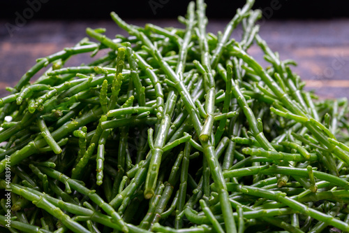 Tasty vegetarian sea food, fresh raw green salicornia or glasswort, pickleweed