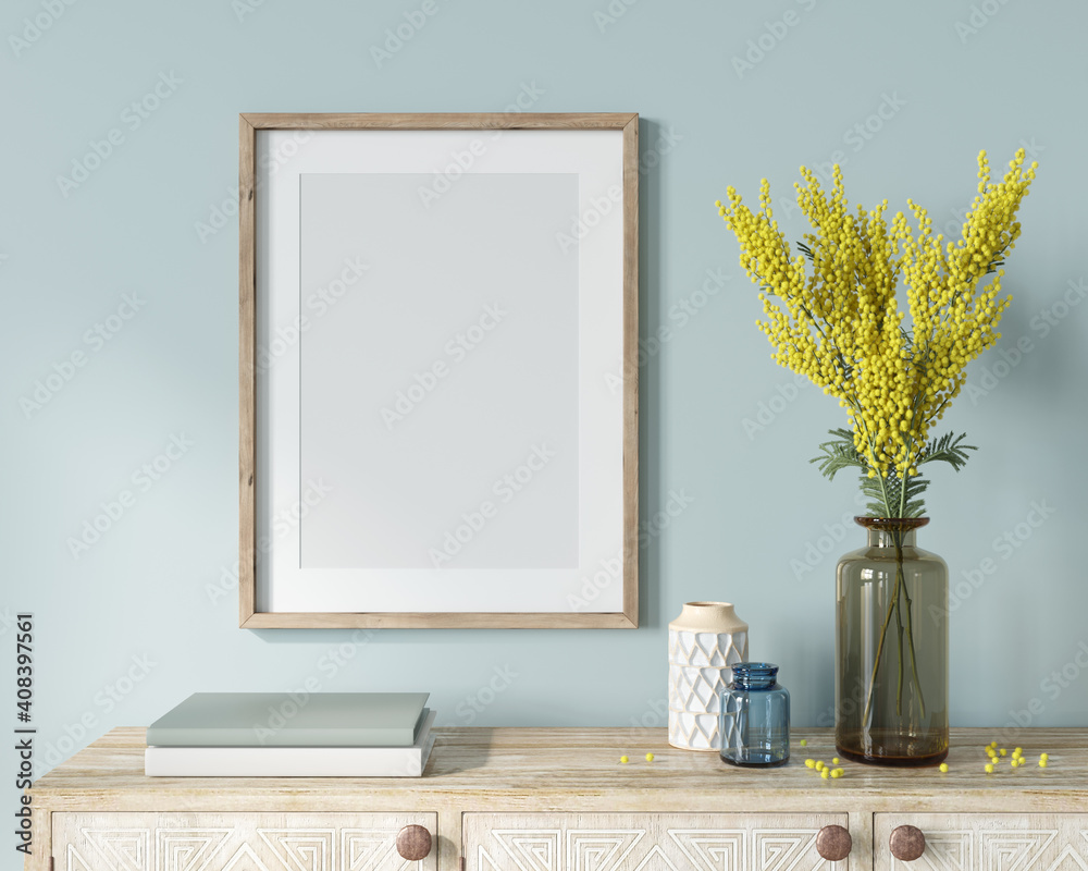 Interior Frame Mockup with wooden frame, vase with mimosa bra… - obrazy, fototapety, plakaty 