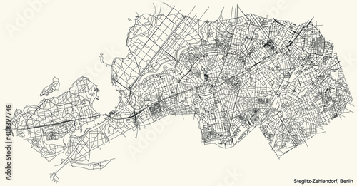 Black simple detailed street city roads map plan on vintage beige background of the neighbourhood Steglitz-Zehlendorf borough of Berlin, Germany