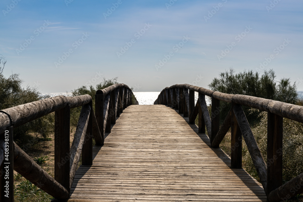 long wooden boardwalk and beach access leads to beach and glistening ocean