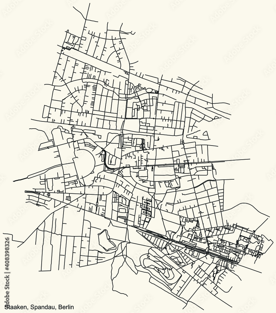 Black simple detailed city street roads map plan on vintage beige background of the neighbourhood Staaken locality of the Spandau of borough of Berlin, Germany