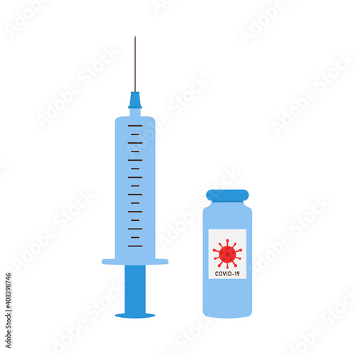 Covid-19 coronavirus vaccine. Syringe and virus vaccine ampoule. Vector background