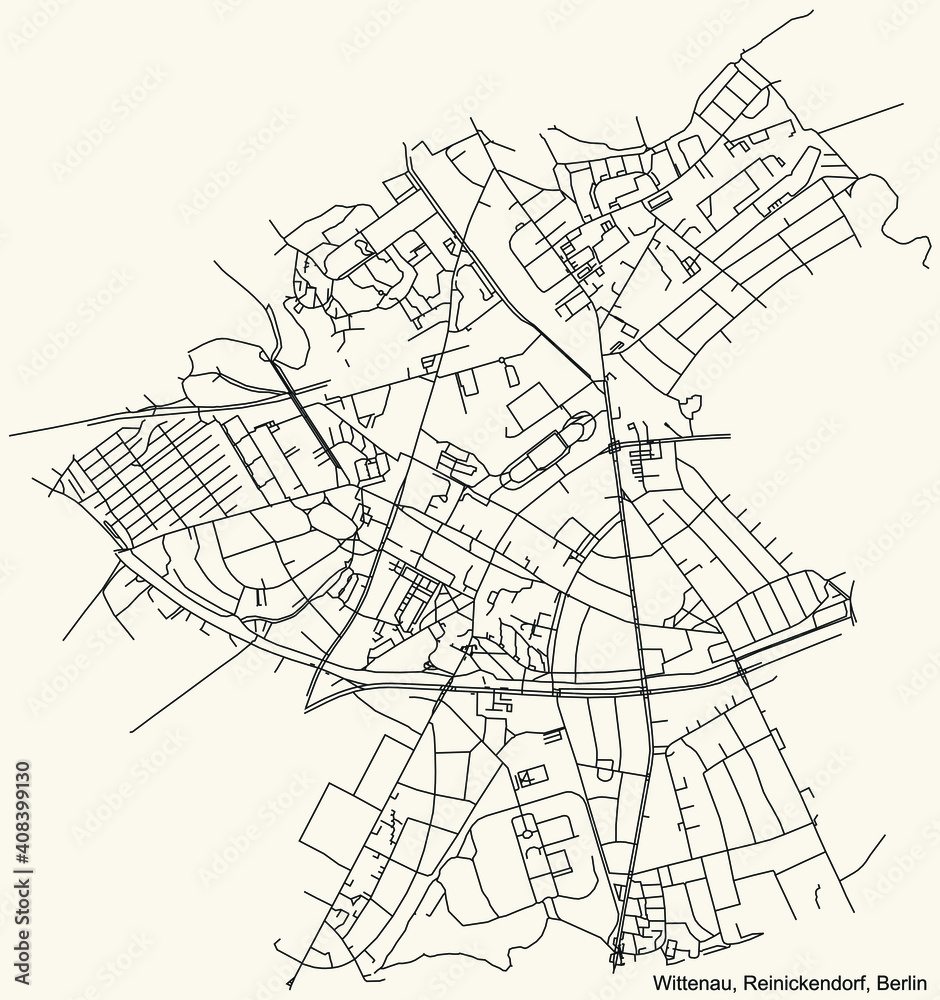Black simple detailed city street roads map plan on vintage beige background of the neighbourhood Wittenau locality of the Reinickendorf of borough of Berlin, Germany