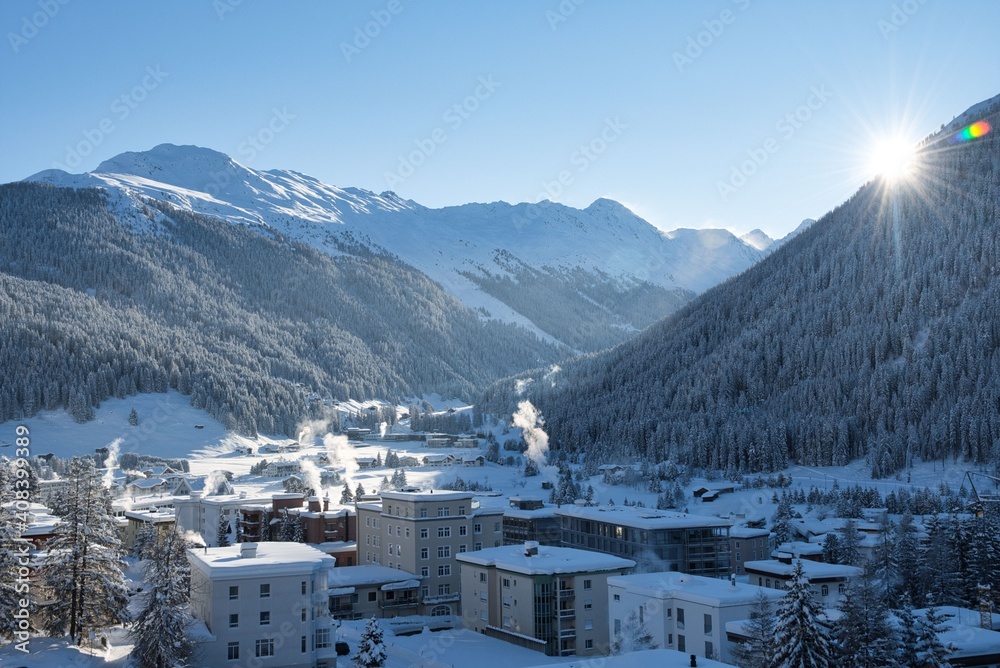 Beautiful sunrise after heavy snowfall in the Swiss Mountains Alps at Davos