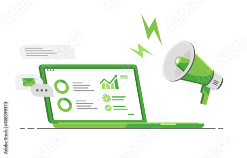 Business audit. Examination of statistical graphic information. Financial audit business concept. Income increase strategy. Notebook or laptop with accounting report. Megaphone alert. Green. Eps 10