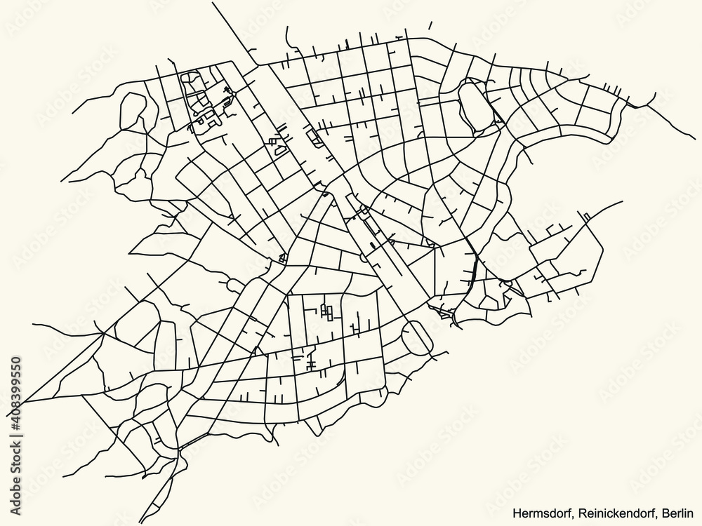 Fototapeta premium Black simple detailed city street roads map plan on vintage beige background of the neighbourhood Hermsdorf locality of the Reinickendorf of borough of Berlin, Germany