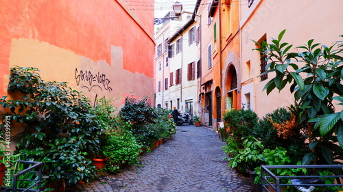 Fototapeta Naklejka Na Ścianę i Meble -  Beautiful ancient street in Rome lined with leafy vines and cafe tables, Italy