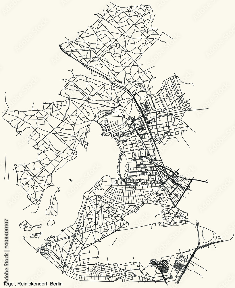 Black simple detailed city street roads map plan on vintage beige background of the neighbourhood Tegel locality of the Reinickendorf of borough of Berlin, Germany