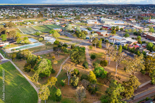 Aerial view of parkland and recreation precinct of a country town photo