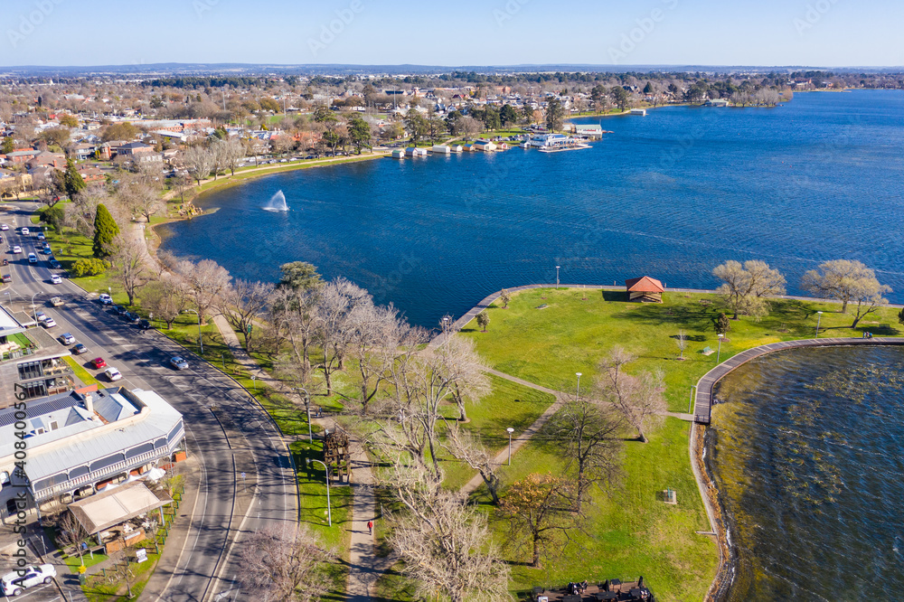 Aerial view of a green reserve around the shores of an inner city lake Aerial view of a green reserve around the shores of an inner city lake