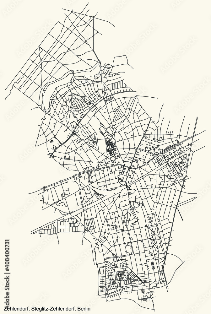 Black simple detailed city street roads map plan on vintage beige background of the neighbourhood Zehlendorf locality of the Steglitz-Zehlendorf of borough of Berlin, Germany