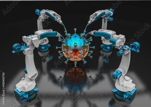 3D render image representing a virus being manipulated by robots and computers