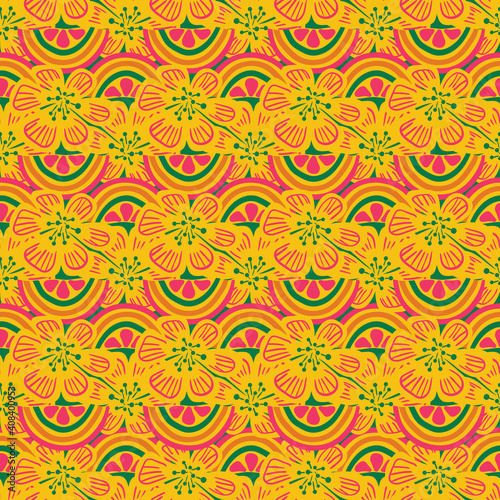 Rainbow orange fruits and flowers seamless vector pattern. Colorful surface print design for summertime fabrics, stationery, scrapbook paper, gift wrap, home decor, textiles, backgrounds and packaging