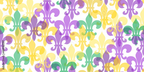 Seamless pattern beautiful yellow, green, purple Fleur-de-Lis lily symbol on white background. Venetian carnival Mardi Gras party. Great for horizontal posters, header for website. Vector