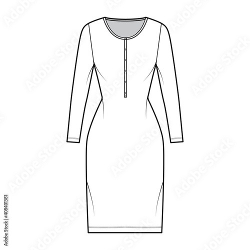 Shirt dress technical fashion illustration with henley neck, long sleeves, knee length, fitted body, Pencil fullness. Flat apparel template front, white color. Women, men, unisex CAD mockup