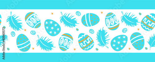 Easter seamless pattern turquoise horisontal stripe with eggs and feathers. Seamless blue and gold border of ornament for Easter projects. Vector illustration.