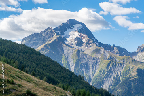 View on ski station Les deux Alpes and Alpine mountains peaks in summer, Isere, France